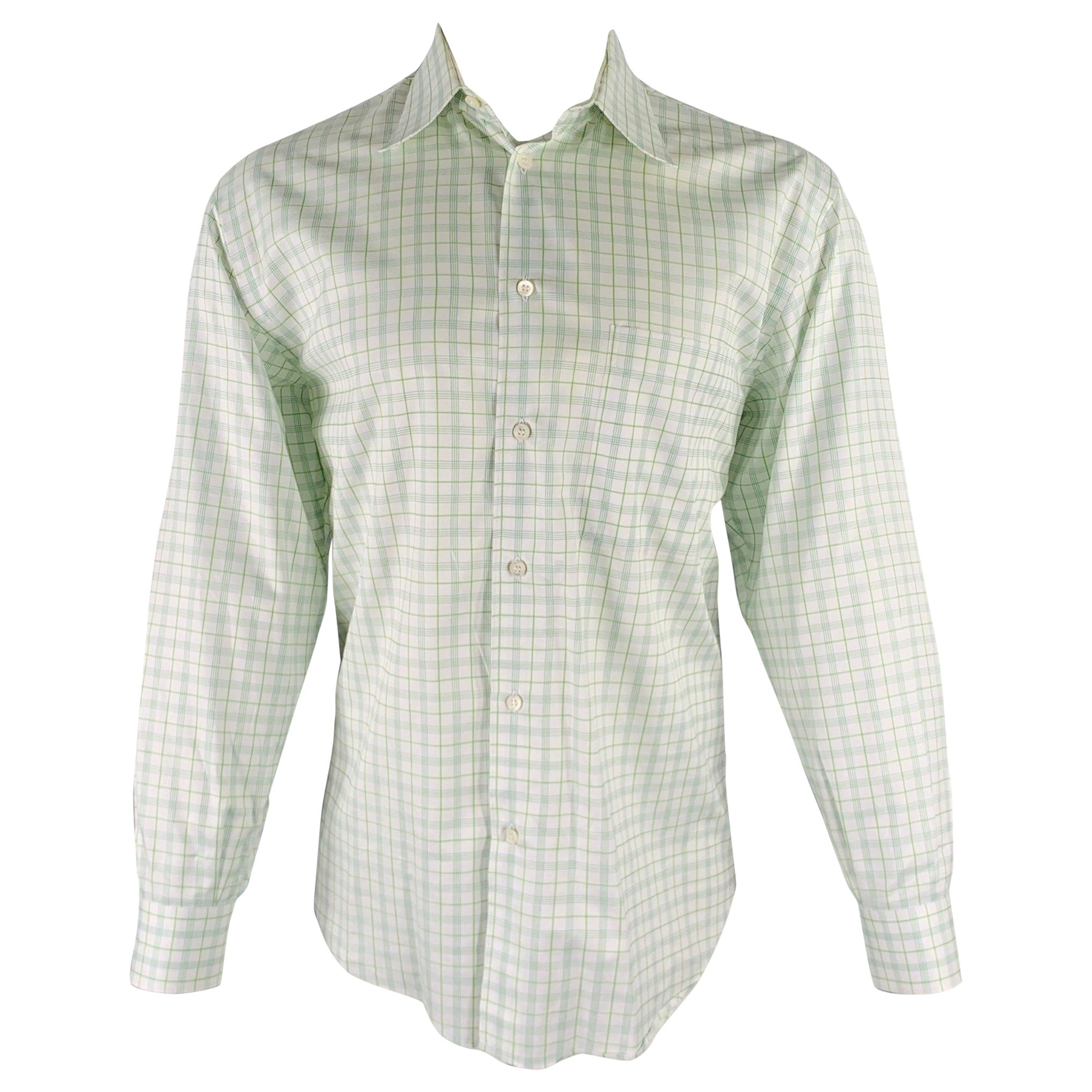 BRIONI Size M White Green Plaid Cotton Button Up Long Sleeve Shirt For Sale