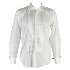 Saks Fifth Avenue Taglia XL Camicia a maniche lunghe plissettata in cotone bianco con polsini francesi