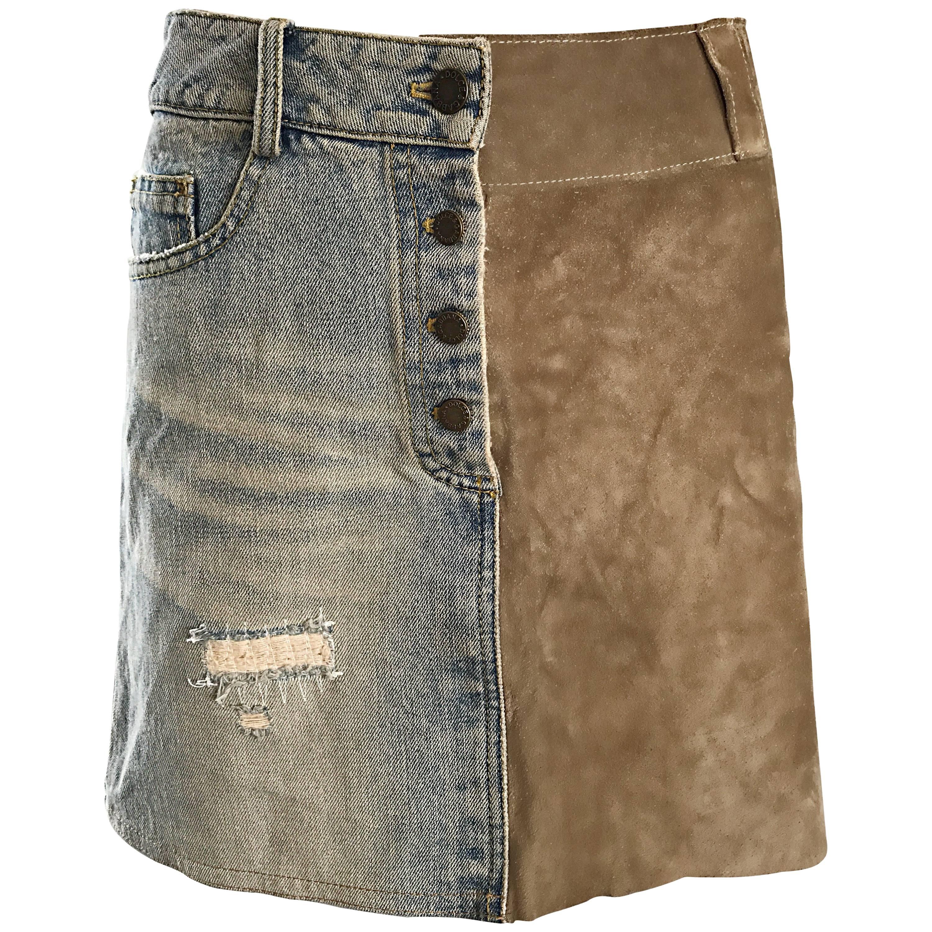 1990s Dolce and Gabbana Denim + Suede Leather 90s Vintage Distressed Mini Skirt