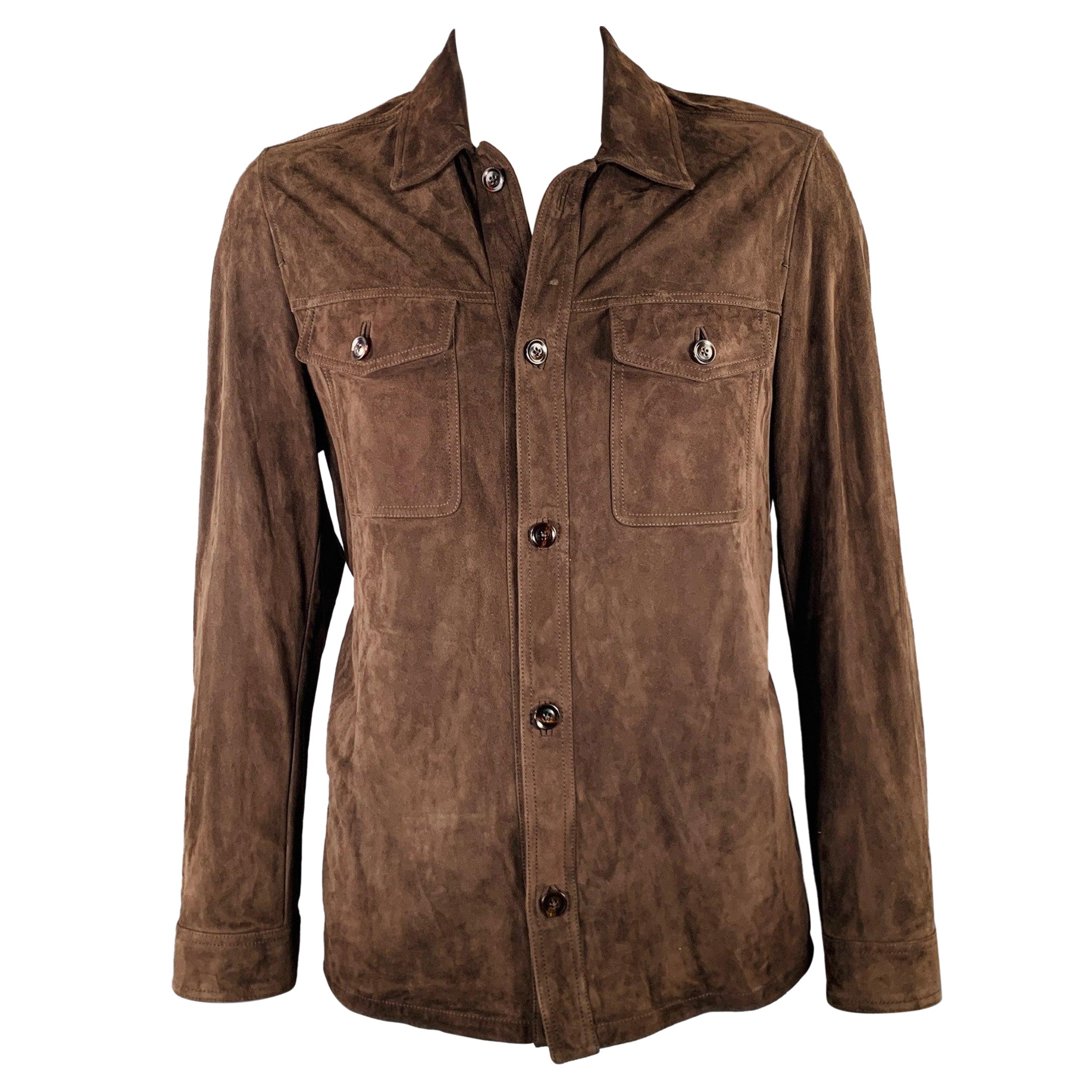 TOM FORD Size 46 Brown Lambskin Suede Shirt Jacket For Sale
