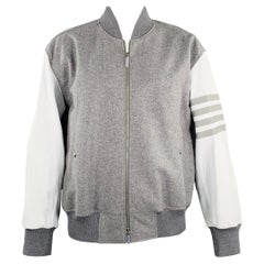 THOM BROWNE Größe XL Grau Weiß Mixed Materials Wolle Varsity Jacke