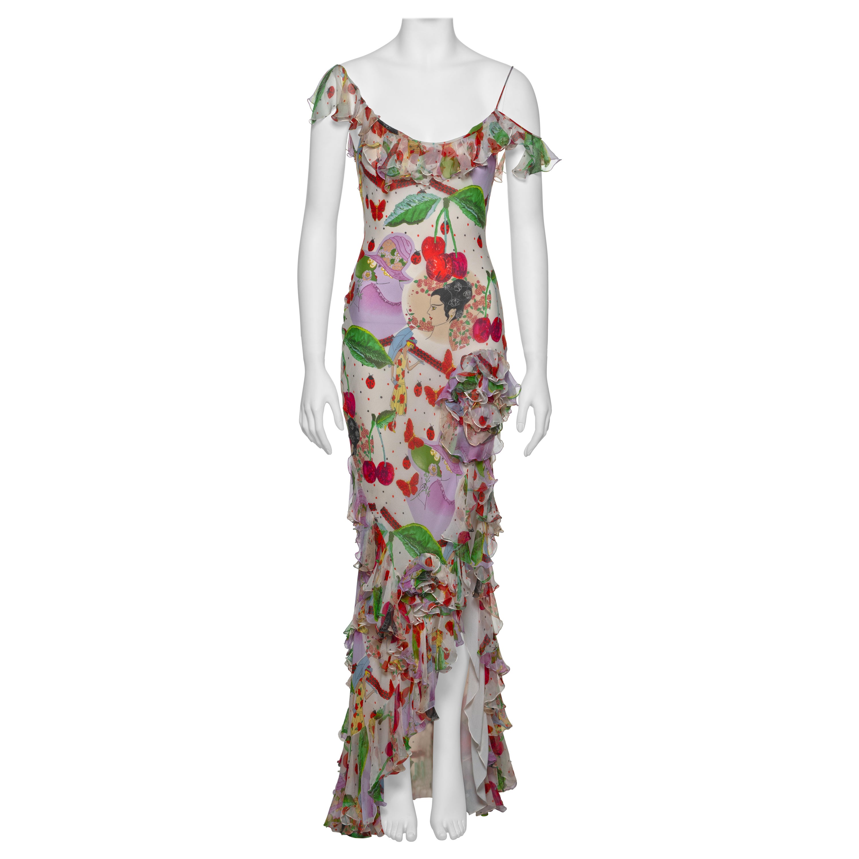 John Galliano Bias Cut Chiffon Dress with Novelty Print and Ruffles, SS 2005