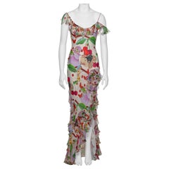 John Galliano Schräg geschnittenes Chiffonkleid mit Neuheitsdruck und Rüschen, F/S 2005