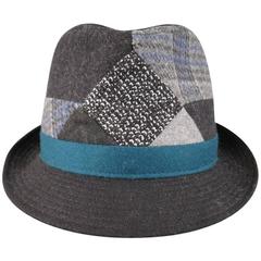 ETRO Charcoal Teal & Gray Wool Plaid Patchwork Fedora Hat