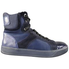 Men's LANVIN Size 11 Navy Nylon Suede & Metallic Leather High Top Sneakers