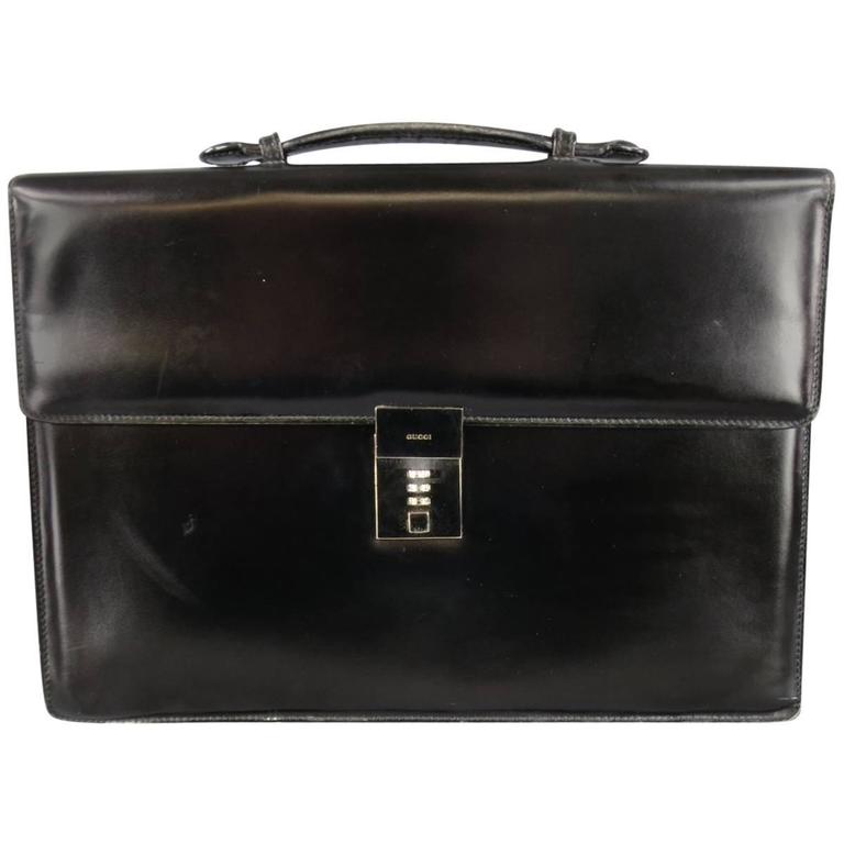 GUCCI Black Leather Top Handle Silver Combination Lock Briefcase at