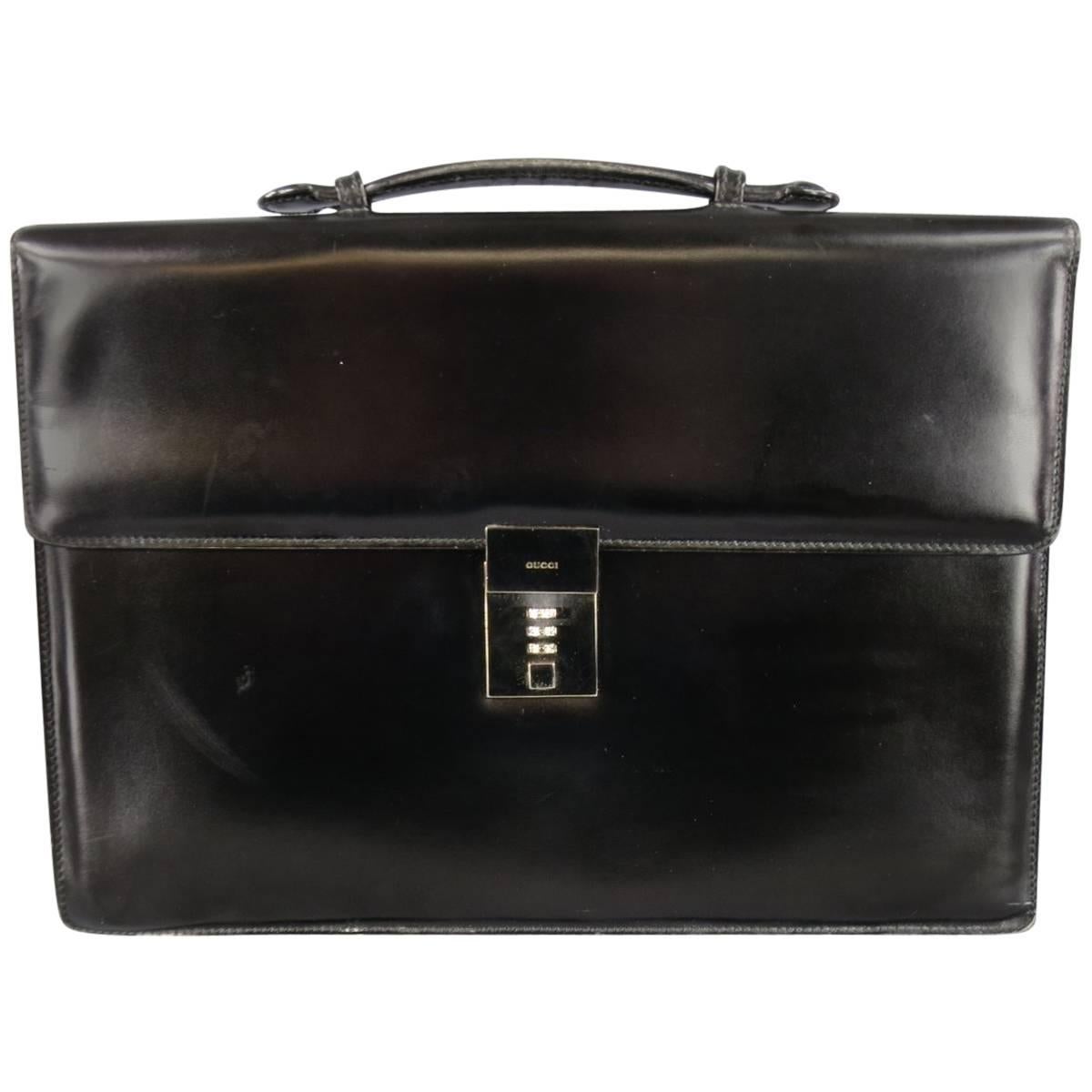 GUCCI Black Leather Top Handle Silver Combination Lock Briefcase