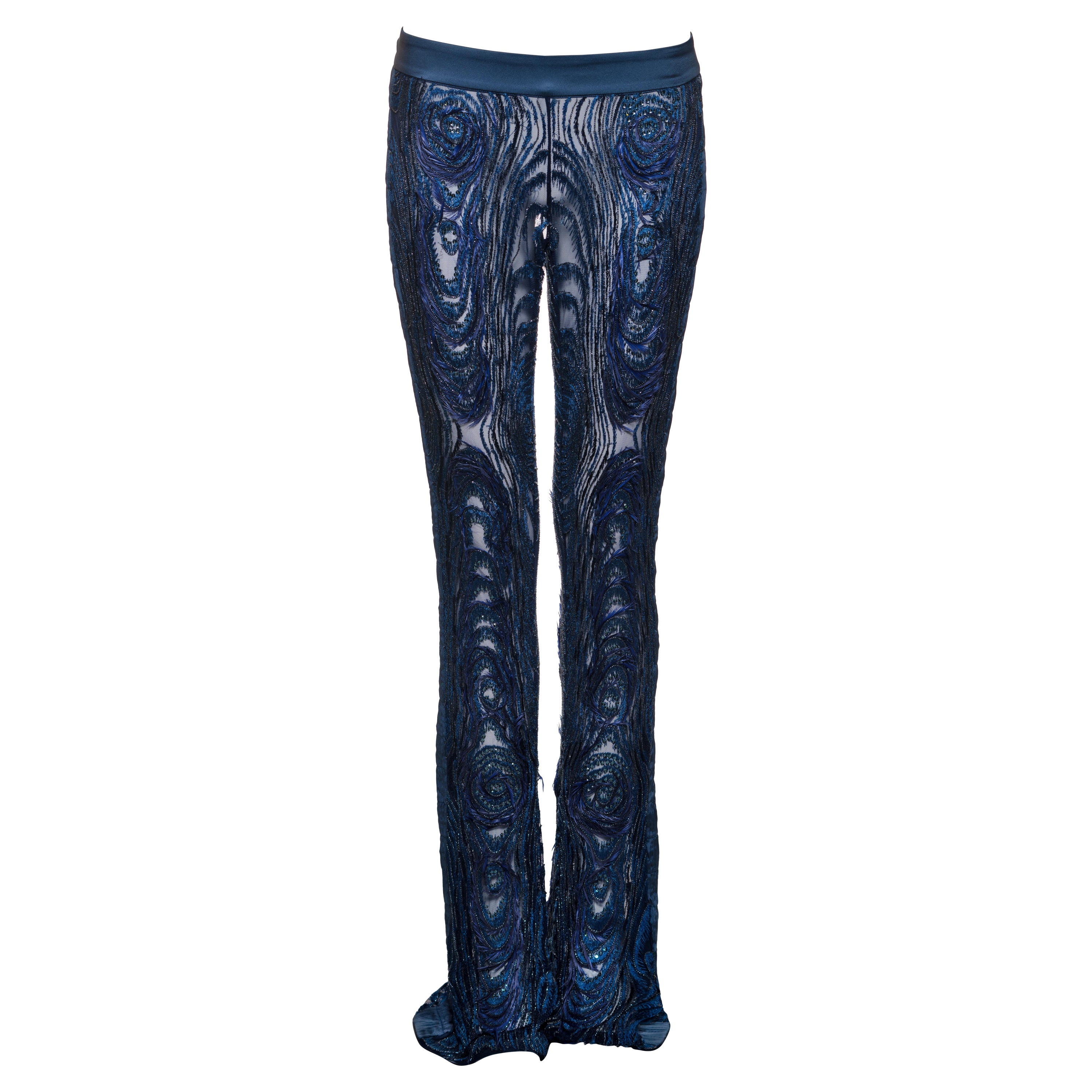 Gucci by Tom Ford Hand-Embroidered Silk Mesh Trousers with Feathers, FW 2004 For Sale