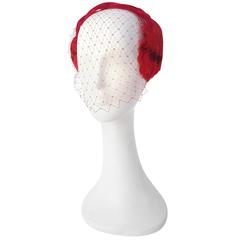 50s Red Velvet Cocktail Hat w/ Veil and Feathers