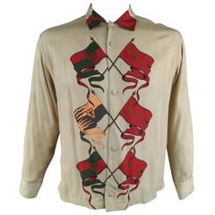 Vintage Men's MATSUDA Size M Khaki Rayon Red & Green Flag Long Sleeve Shirt