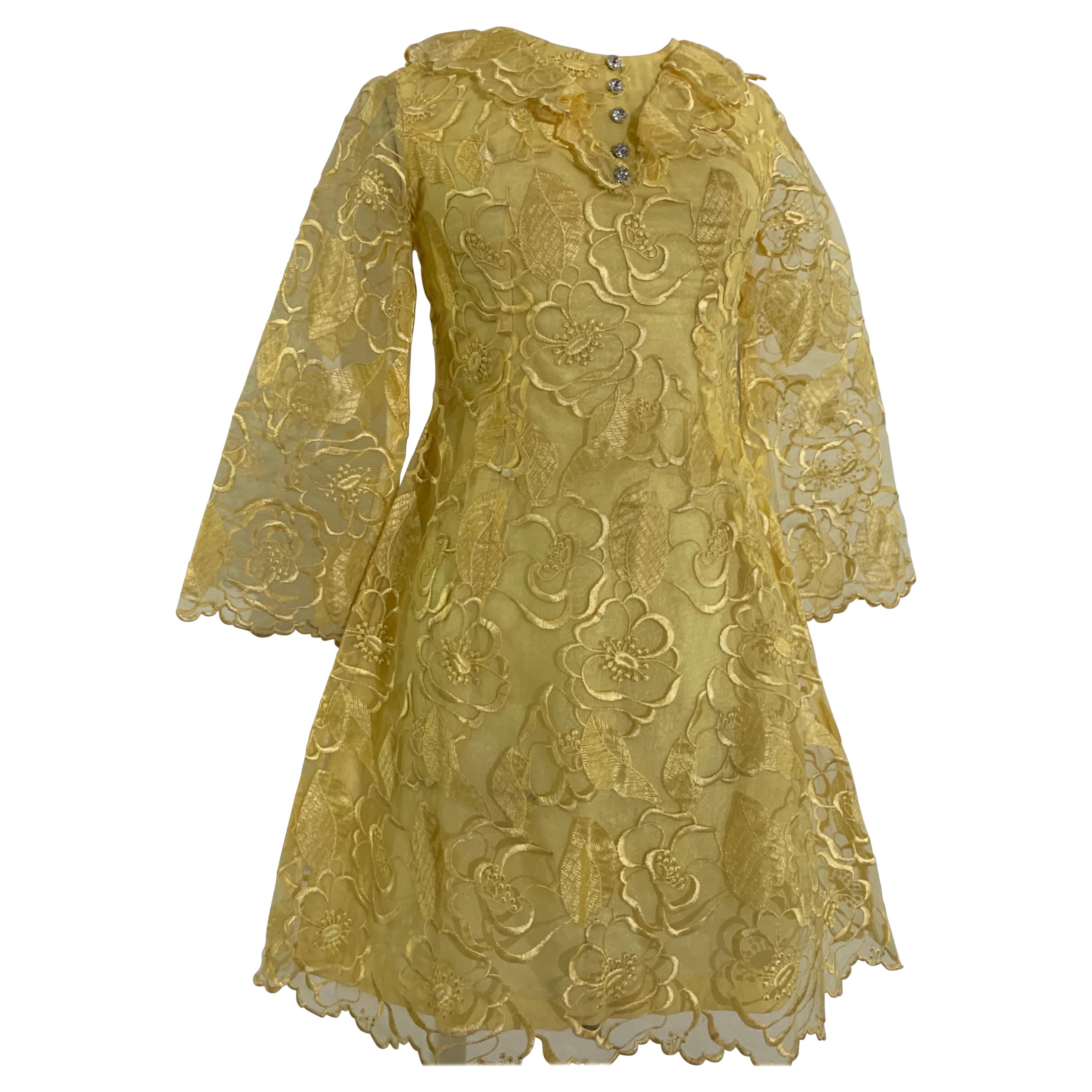 1960 Custom-Made Daffodil Yellow Embroidered Organza Mini Dress w Rhinestones For Sale