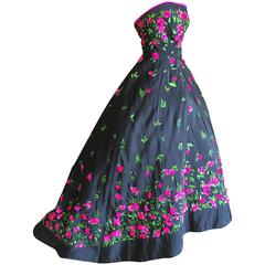 Oscar de la Renta Black Evening Gown with Floral  Embroidery