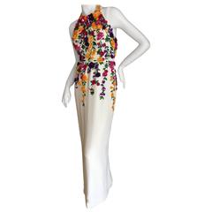 Oscar de la Renta Ivory Silk Halter Dress with Embellished Floral Details