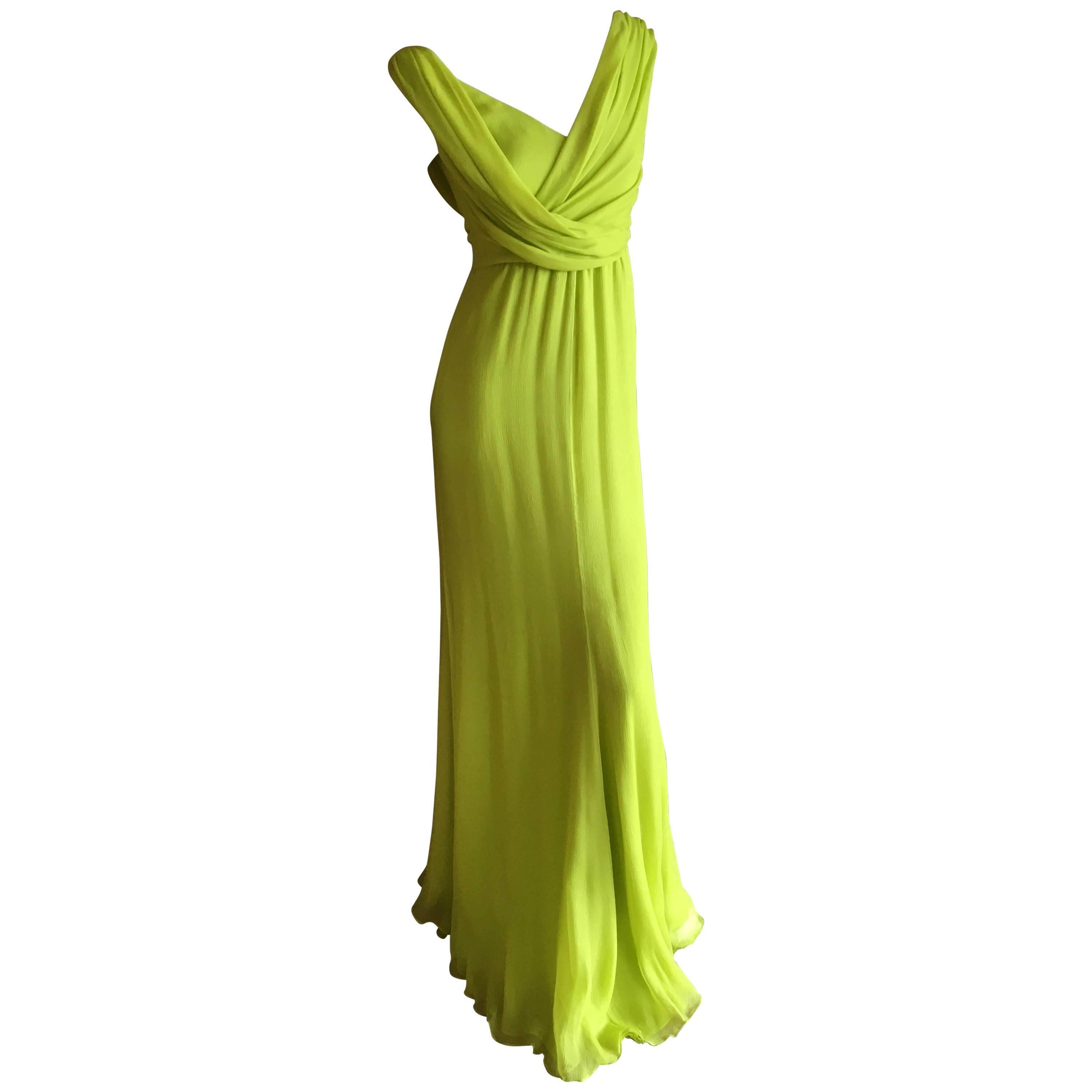 Oscar de la Renta Neon Green Silk Chiffon Goddess Gown For Sale