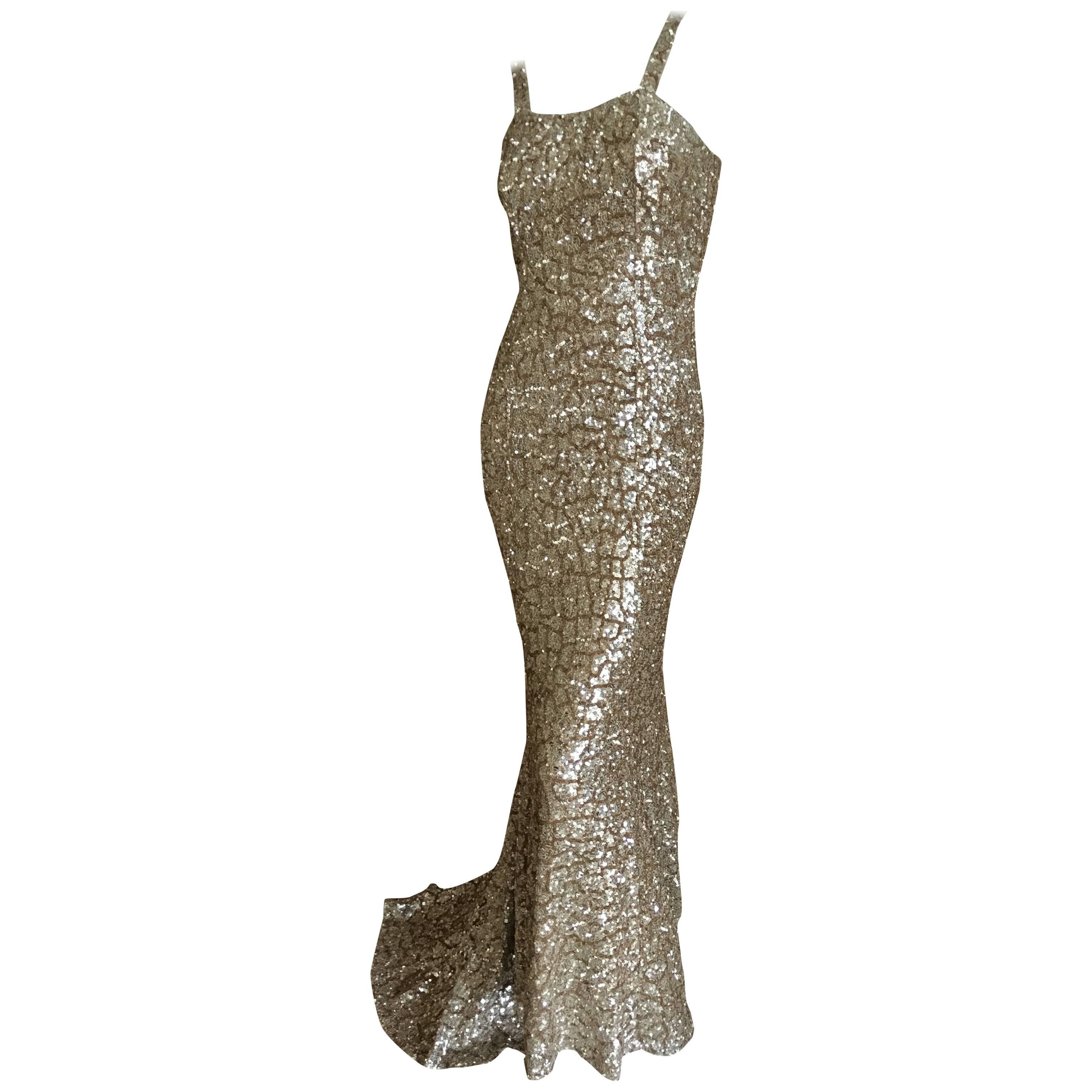 Monique Lhuillier Gold Sequin Mermaid Gown with Train For Sale