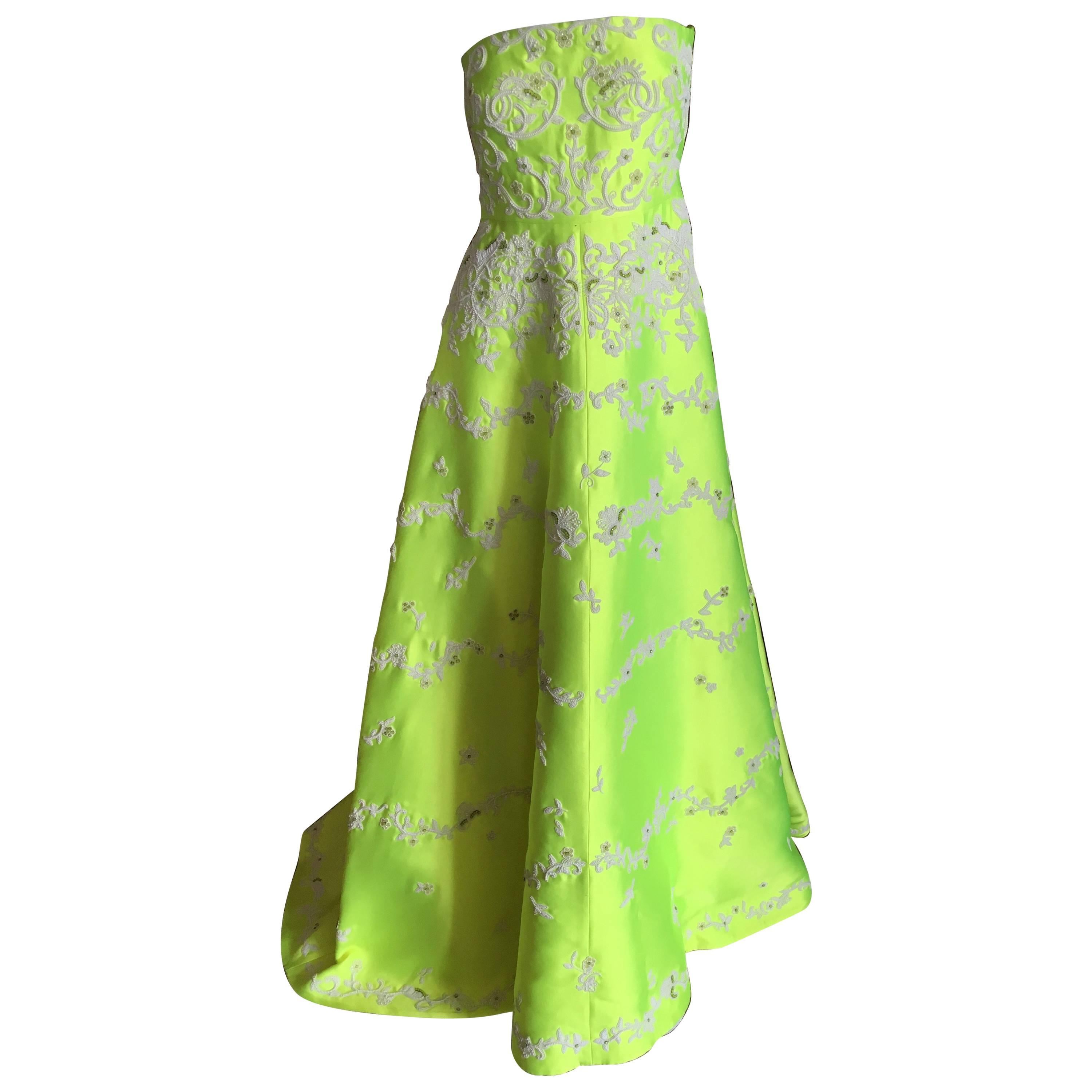 Valentino Neon Yellow Duchesse Satin Pearl Embellished Dress NWT $11, 000 For Sale