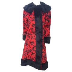70s Red Hooded Tapestry Coat w/ Black Faux Fur Trim