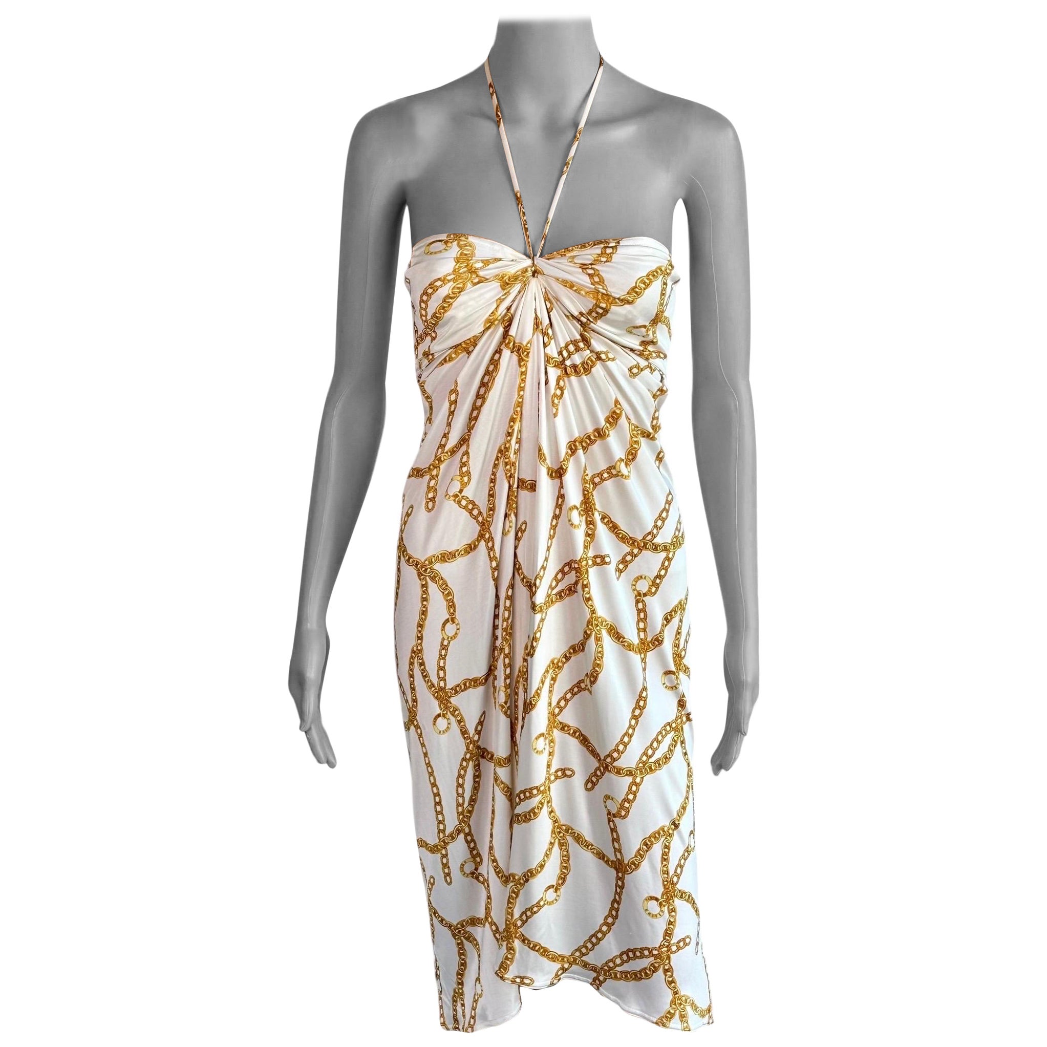 Celine by Michael Kors S/S 2004 Gold Chain Logo Print Halter Dress For Sale