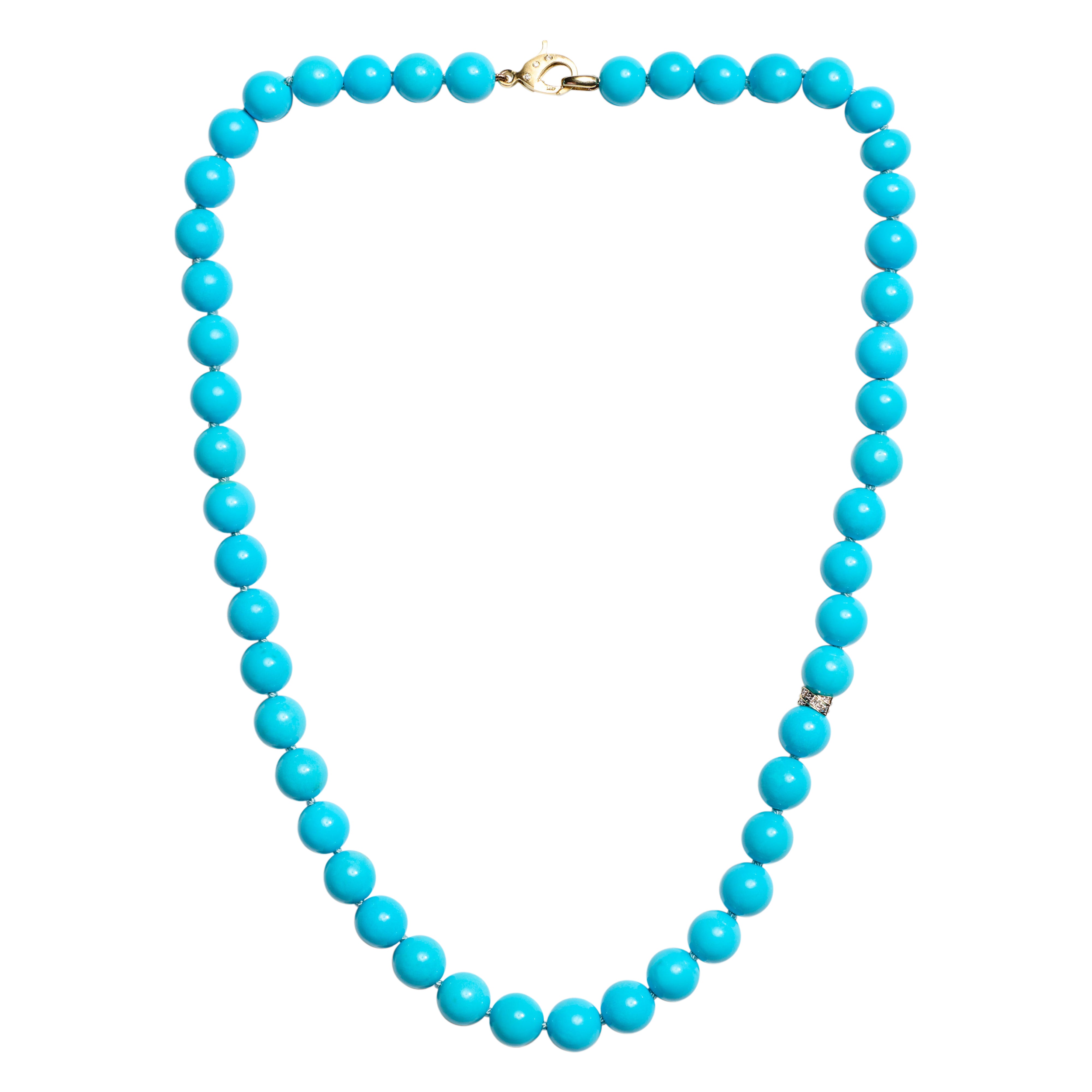 Genuine 295 Carat Blue Sleeping Beauty Turquoise Diamond Yellow Gold Necklace For Sale