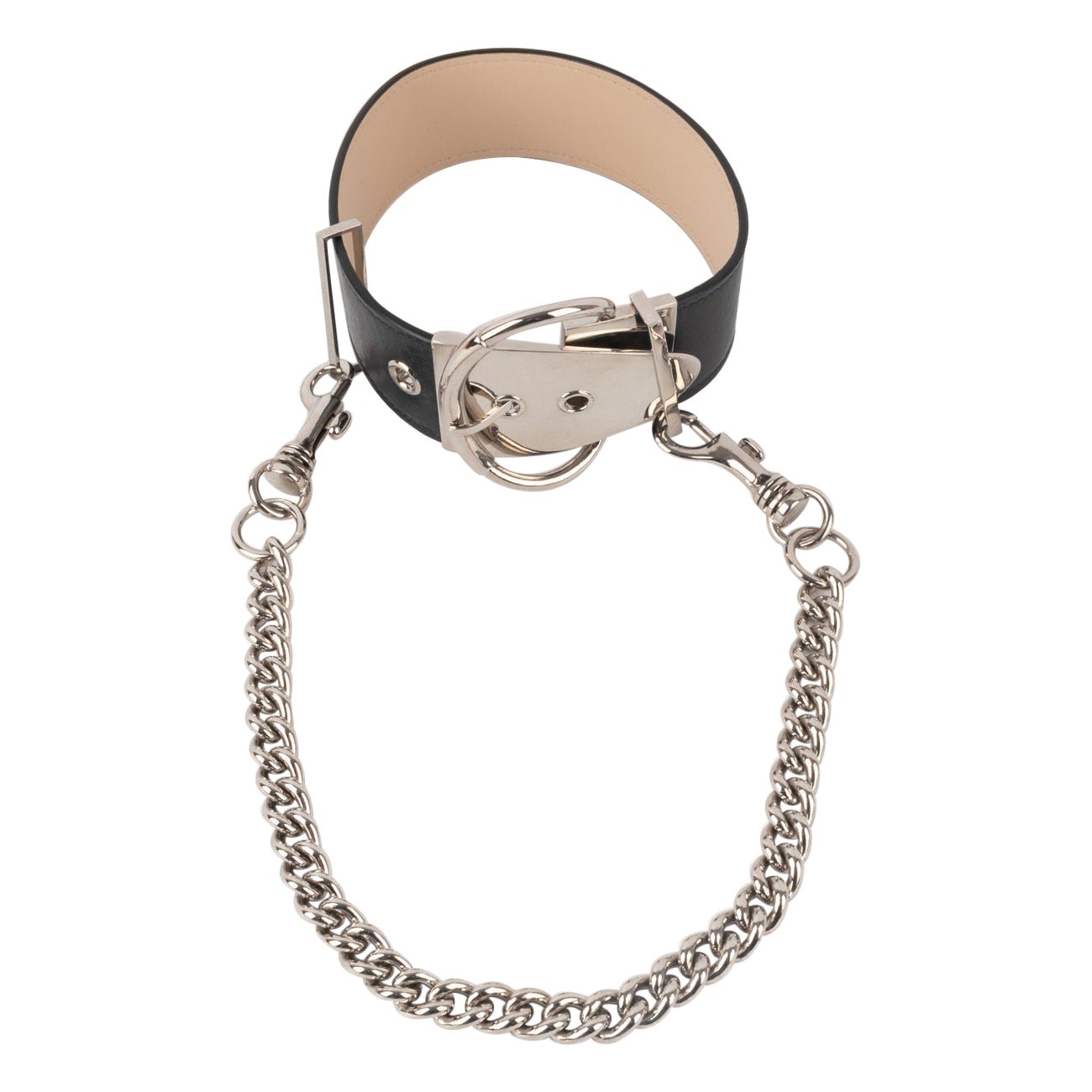 Paco Rabanne Black Leather and Silver Metal Choker Necklace