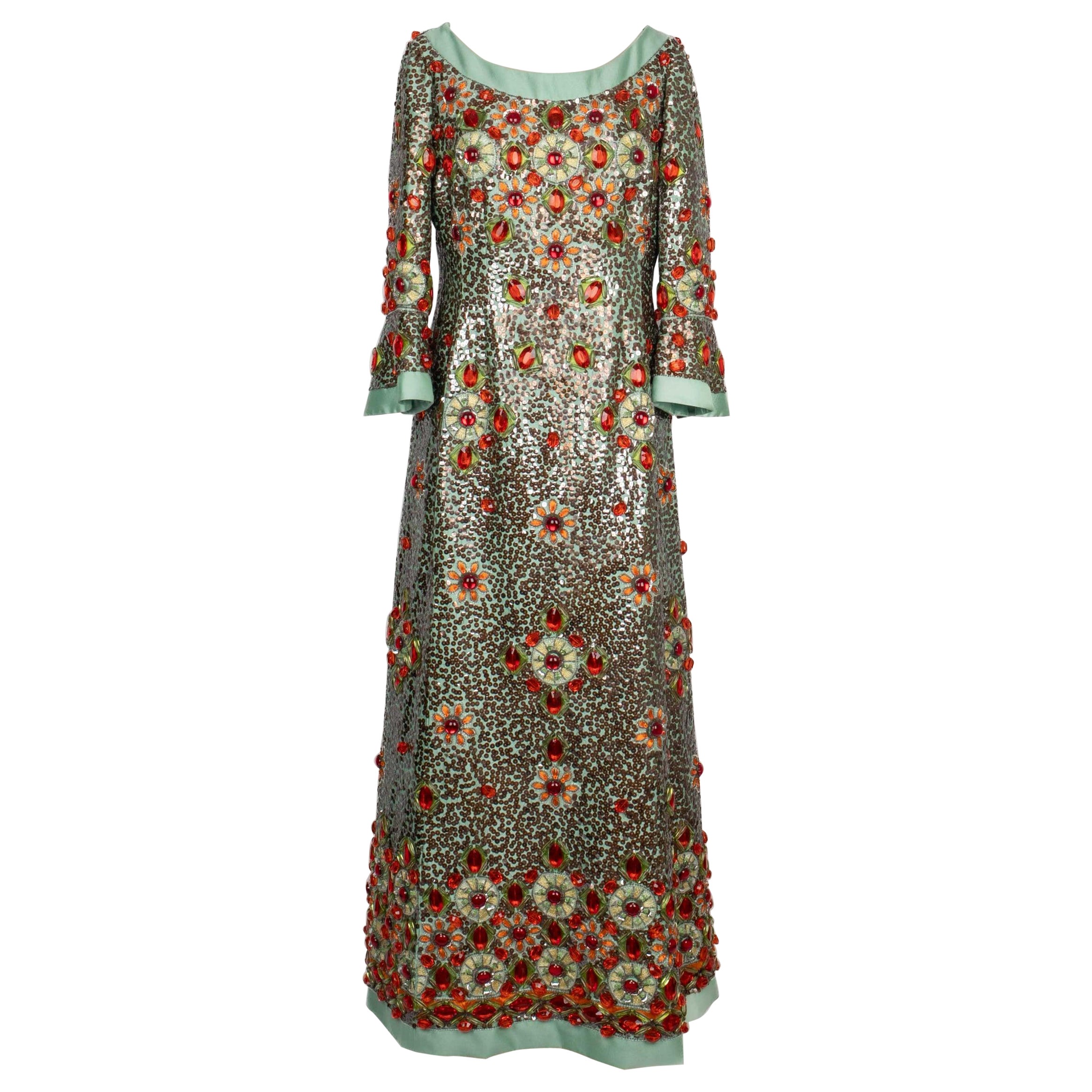 Verney Long Aqua Silk and Wool Dress, 1960 For Sale