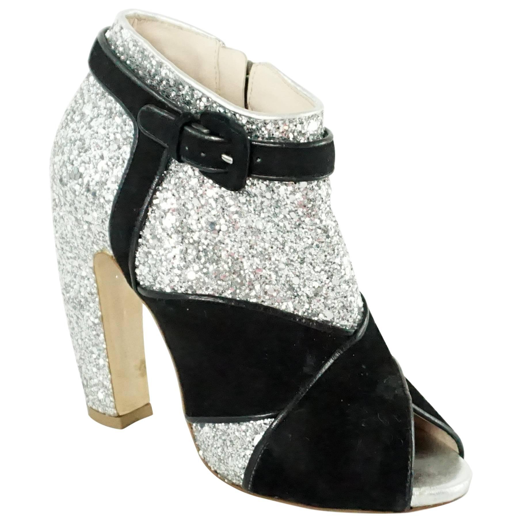 Miu Miu Silver Glitter and Black Suede Asymmetrical Booties - 36