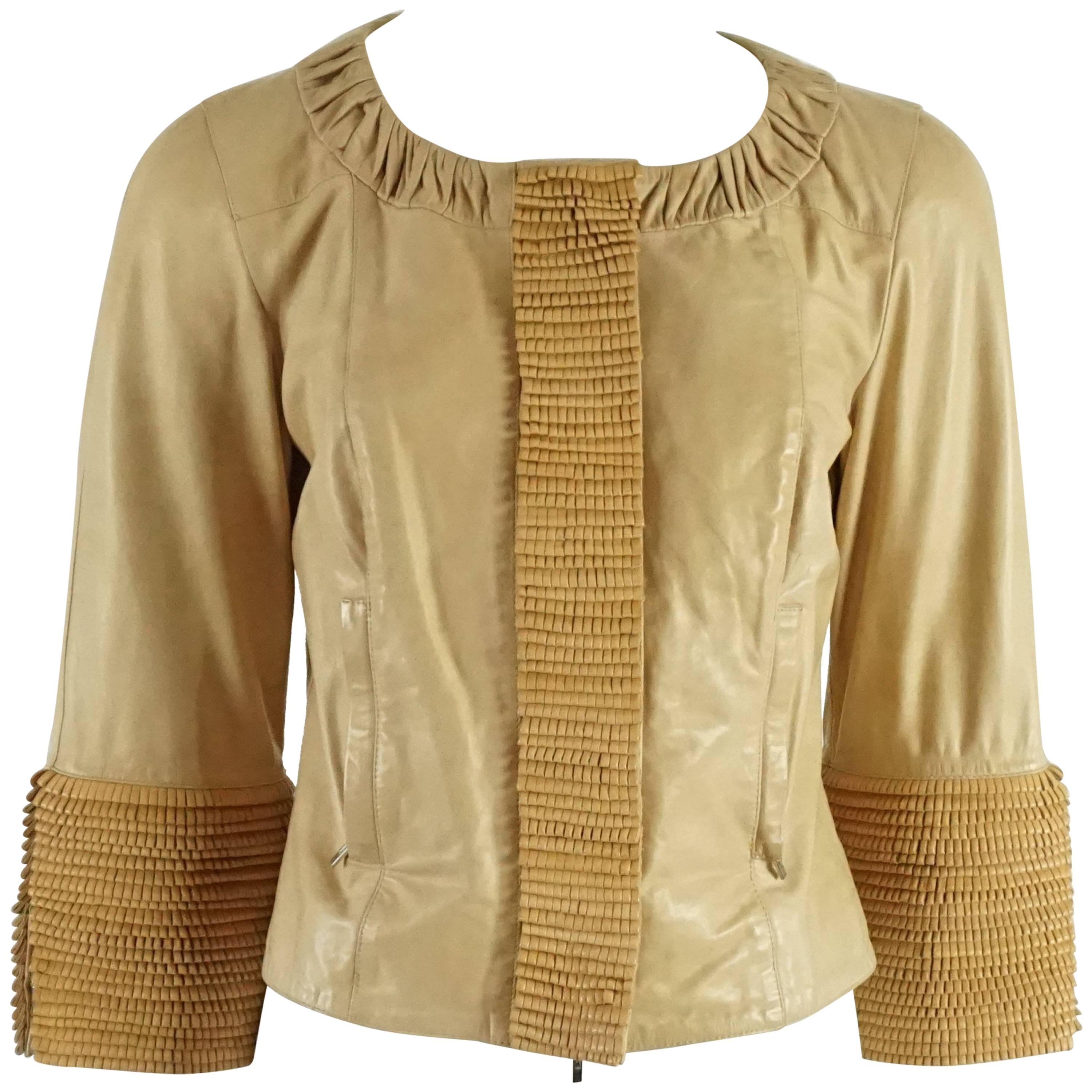 Fendi Tan Leather Jacket with Fringe Detail w/ Bracelet Sleeve - 40