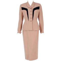 1940's Carlane Pink & Navy Block-Color Deco Wool Hourglass Jacket Skirt Suit