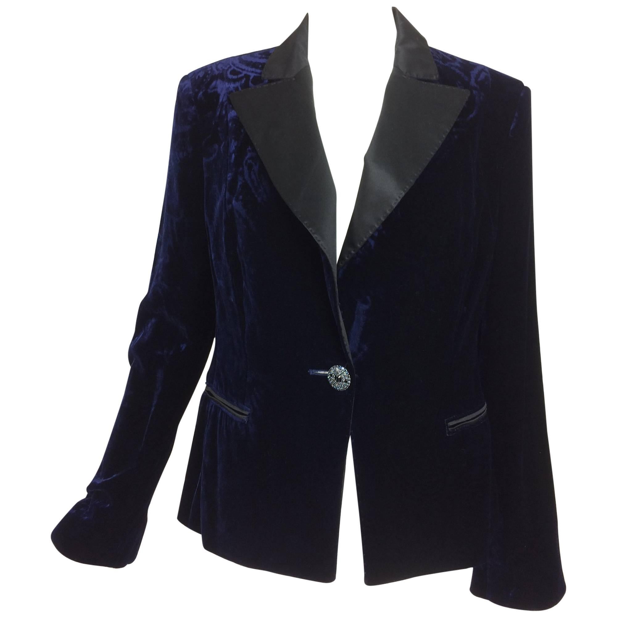 Feraud ink blue embossed velvet tuxedo style jacket 