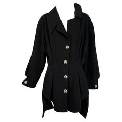 Thierry Mugler Black Wool Asymmetrical Coat with Silver button Snaps 1990s 44