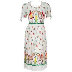 1930's Colorful Showgirl Equestrian Hearts Novelty Print Cotton Swing Day Dress