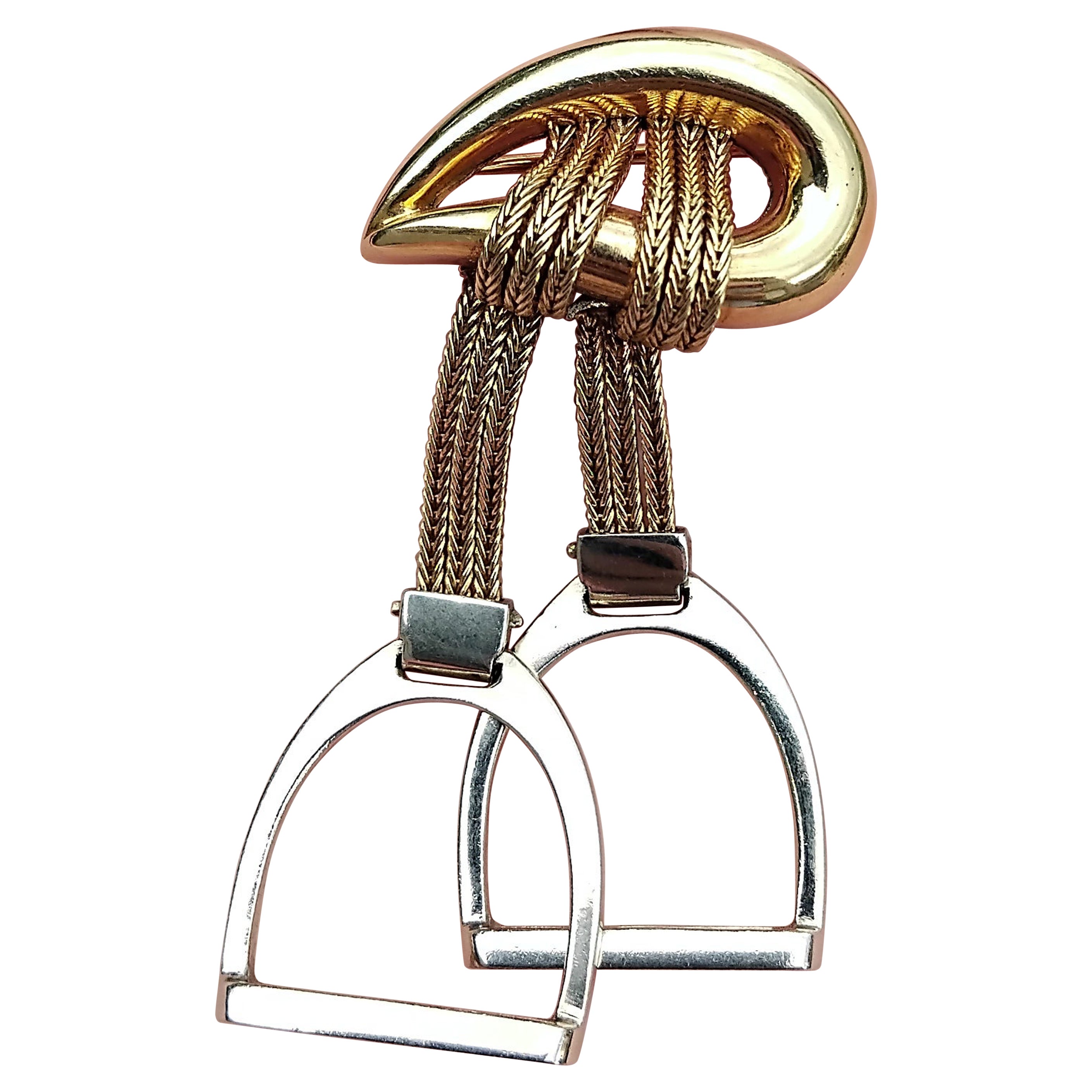 Hermès Two Tone Gold Stirrups Brooch Lapel Pin Equestrian Theme Horse Texas