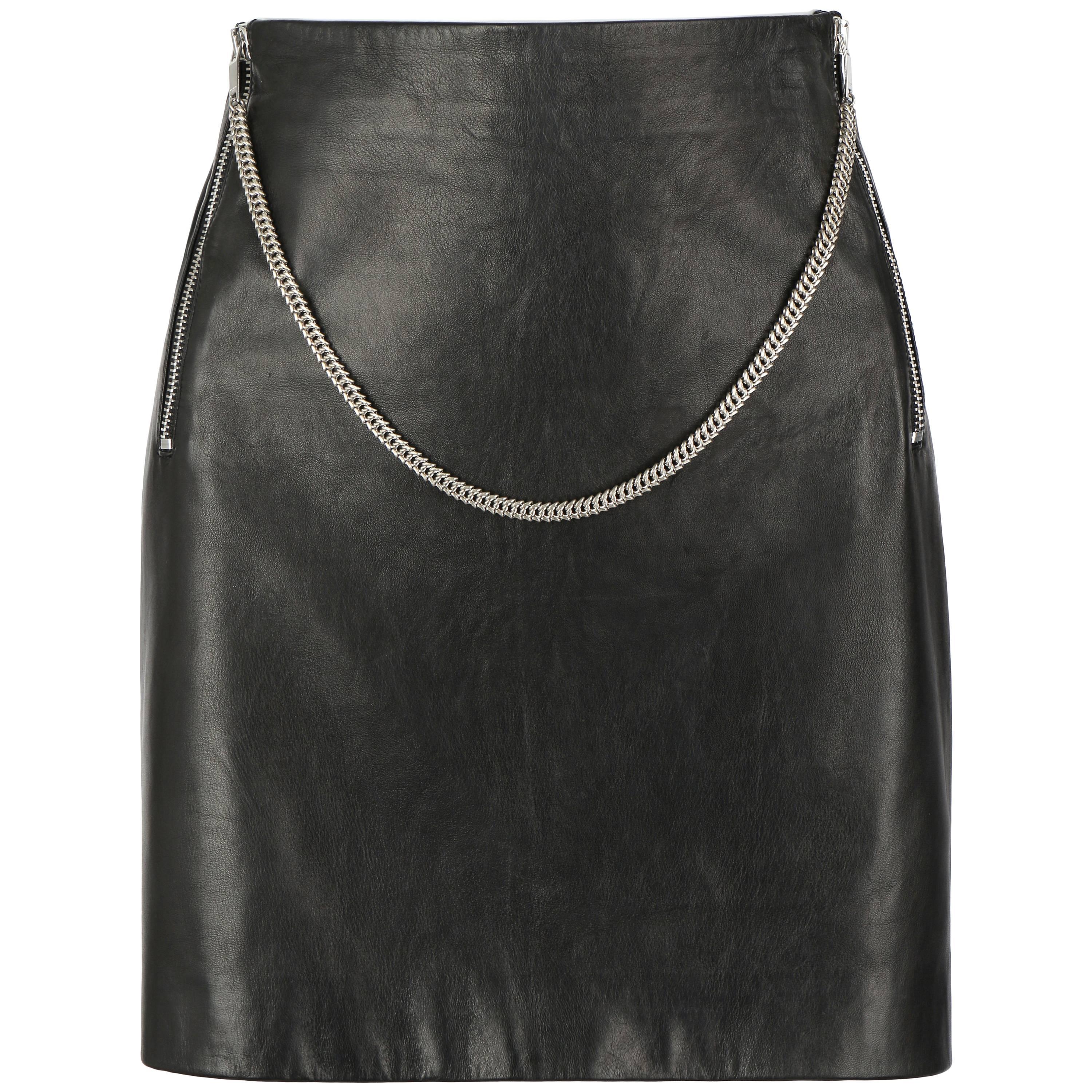 SAINT LAURENT c.2012 Black Lambskin Leather Silver Chain Zipper Mini Skirt 