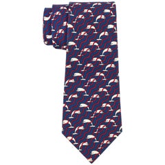 HERMES 5 Fold Navy Blue Dolphin Wave Stripe Print Silk Necktie Tie 987 SA
