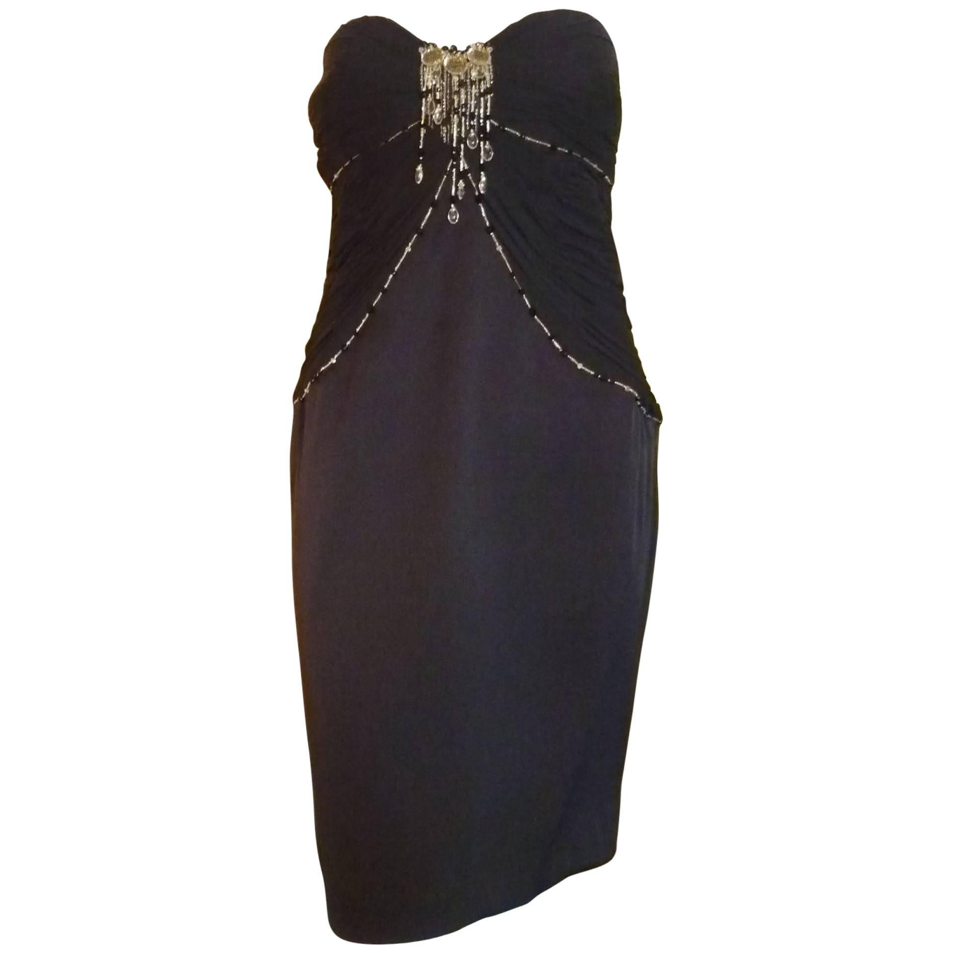 Superb Escada Black Beaded Silk Strapless Cocktail Dress (40 D)