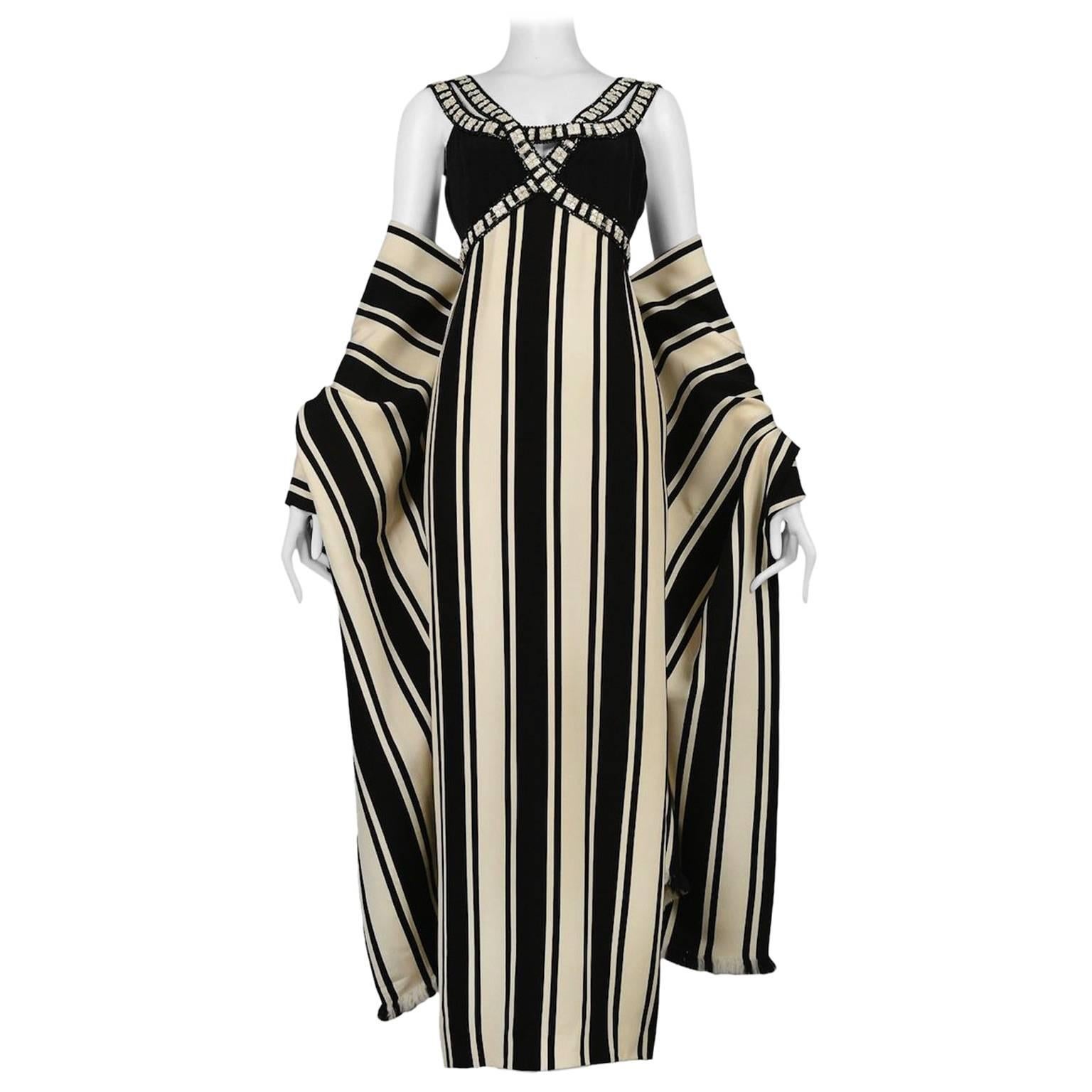 Galanos Black And White Stripe Gown And Shawl For Sale
