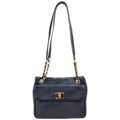 Vintage Chanel Black Caviar Leather Gold Tone Chain Link Shoulder Bag