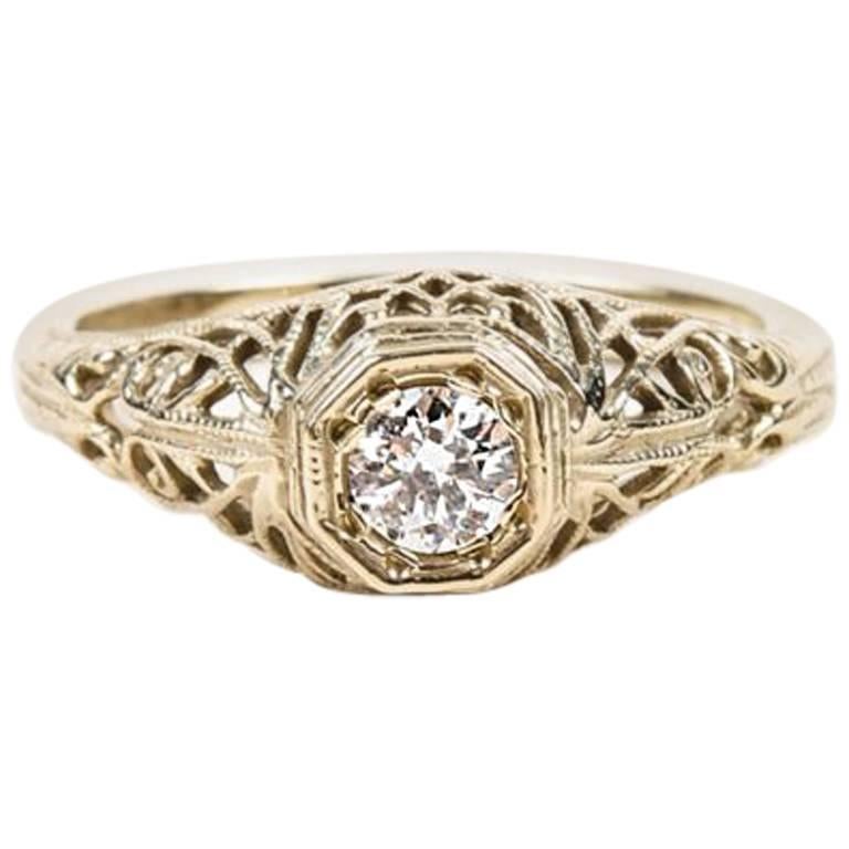 Vintage White Gold Diamond Round Cut Edwardian Engagement Ring SZ 5.5 For Sale