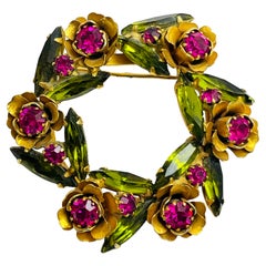 Vintage gokd pink green navette rhinestone designer brooch