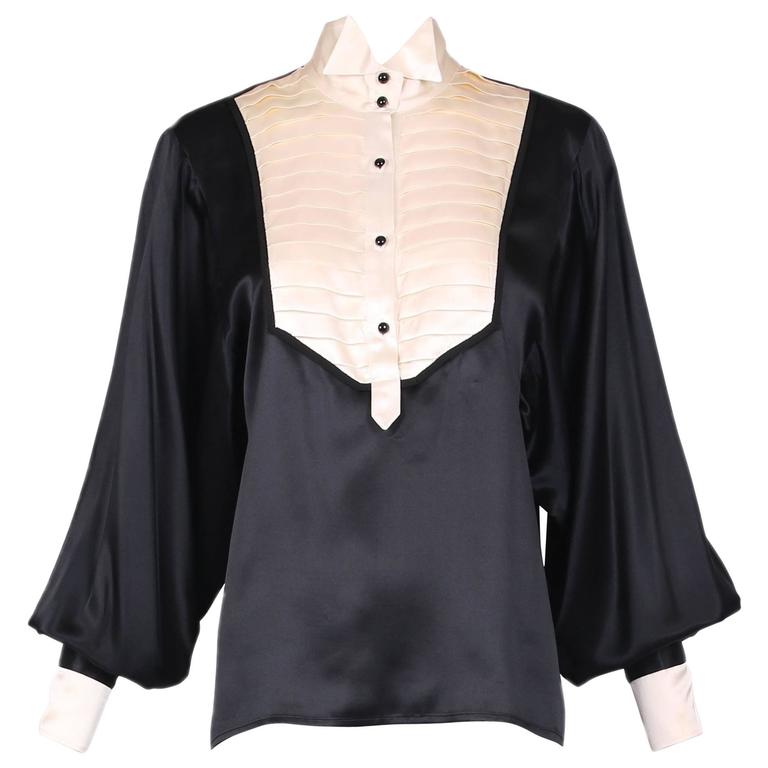 Vintage Black and White Silk Tuxedo Blouse Top Shirt at 1stDibs