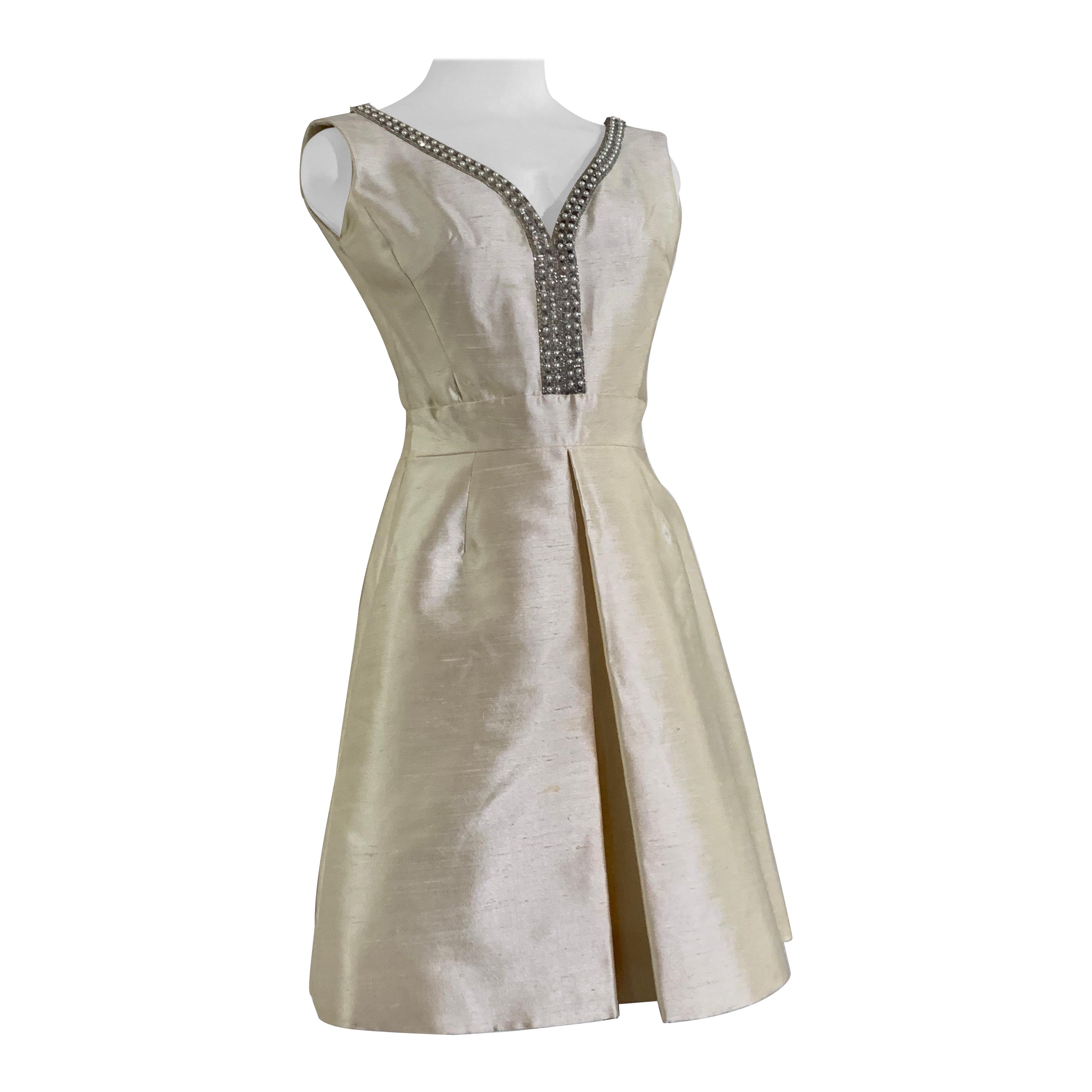 1960s Ivory Shantung Silk Mini Dress w Rhinestone Décolletage and A-Line Skirt For Sale