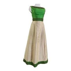 1960s Chartreuse & Ivory Silk Gown w Intricately Beaded Neck Waist & Hem