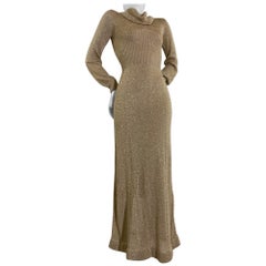 Vintage 1970s Gold Lurex Rib-Knit Maxi Gown with Cowl Neck and Balloon Sleeves
