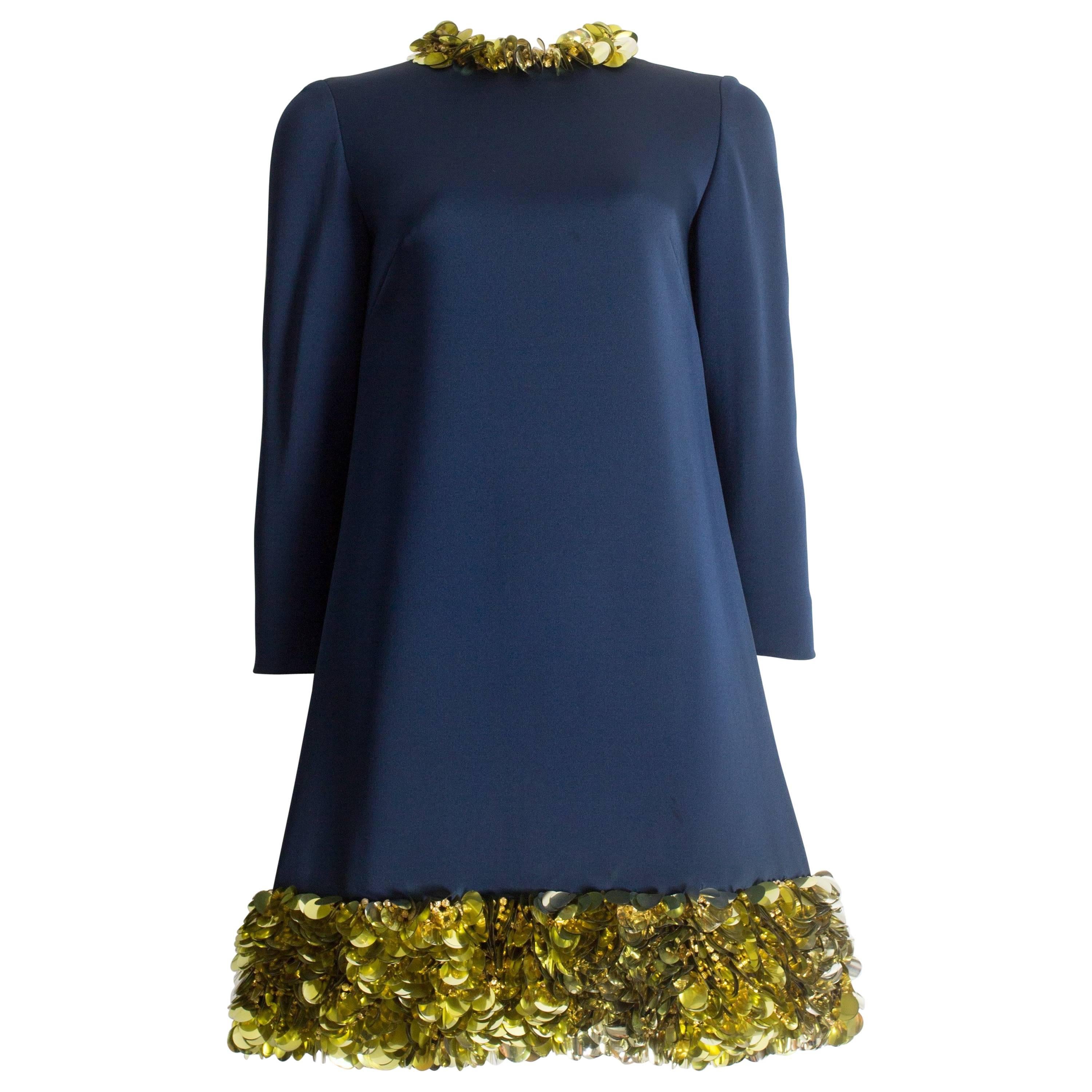 Vintage Couture blue silk mini evening dress with gold embellishments, c. 1960s For Sale
