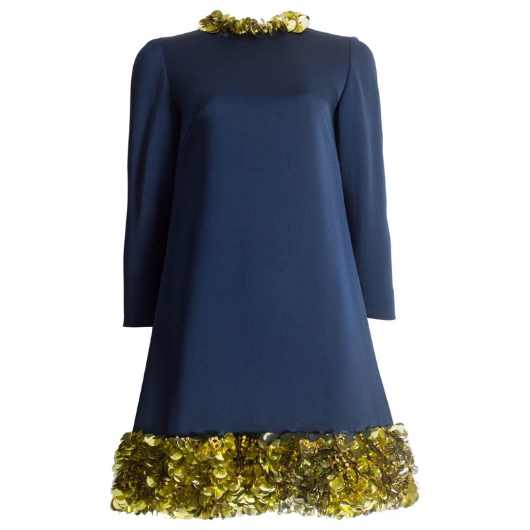 Vintage Couture Blue Silk Mini Evening Dress with Gold Embellishments, C. 1960s Vintage Couture Blue Silk Mini Evening Dress with Gold Embellishments, C. 1960s