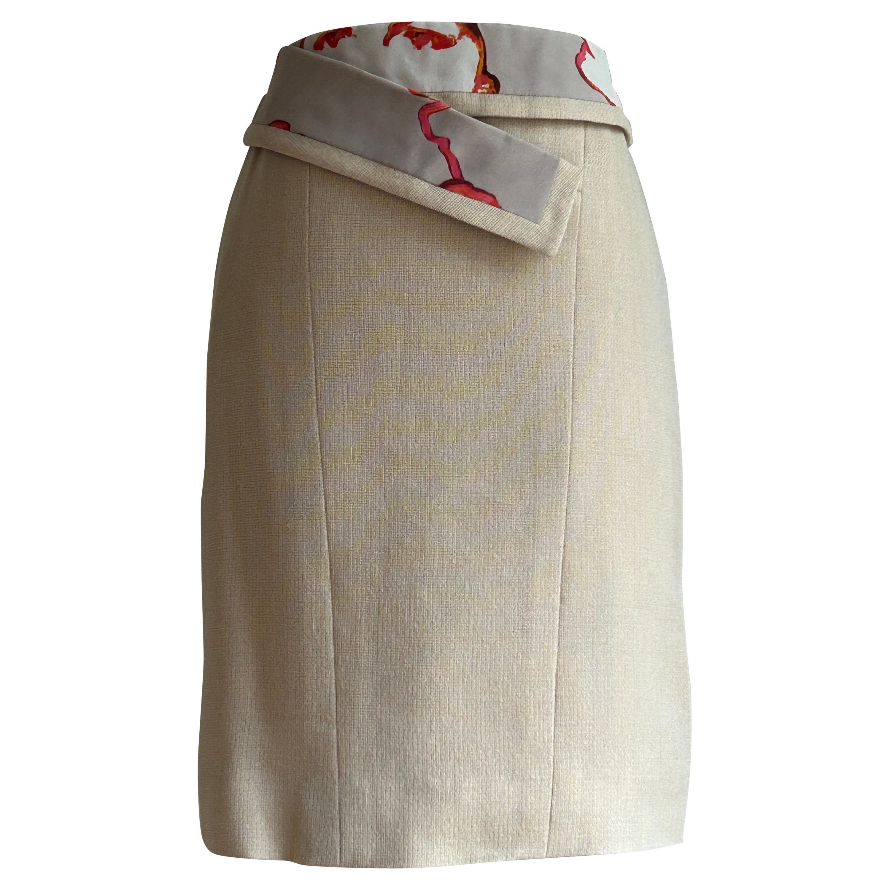 Vintage 2000s Chanel Beige "Coco Face" Trim Pencil Skirt For Sale