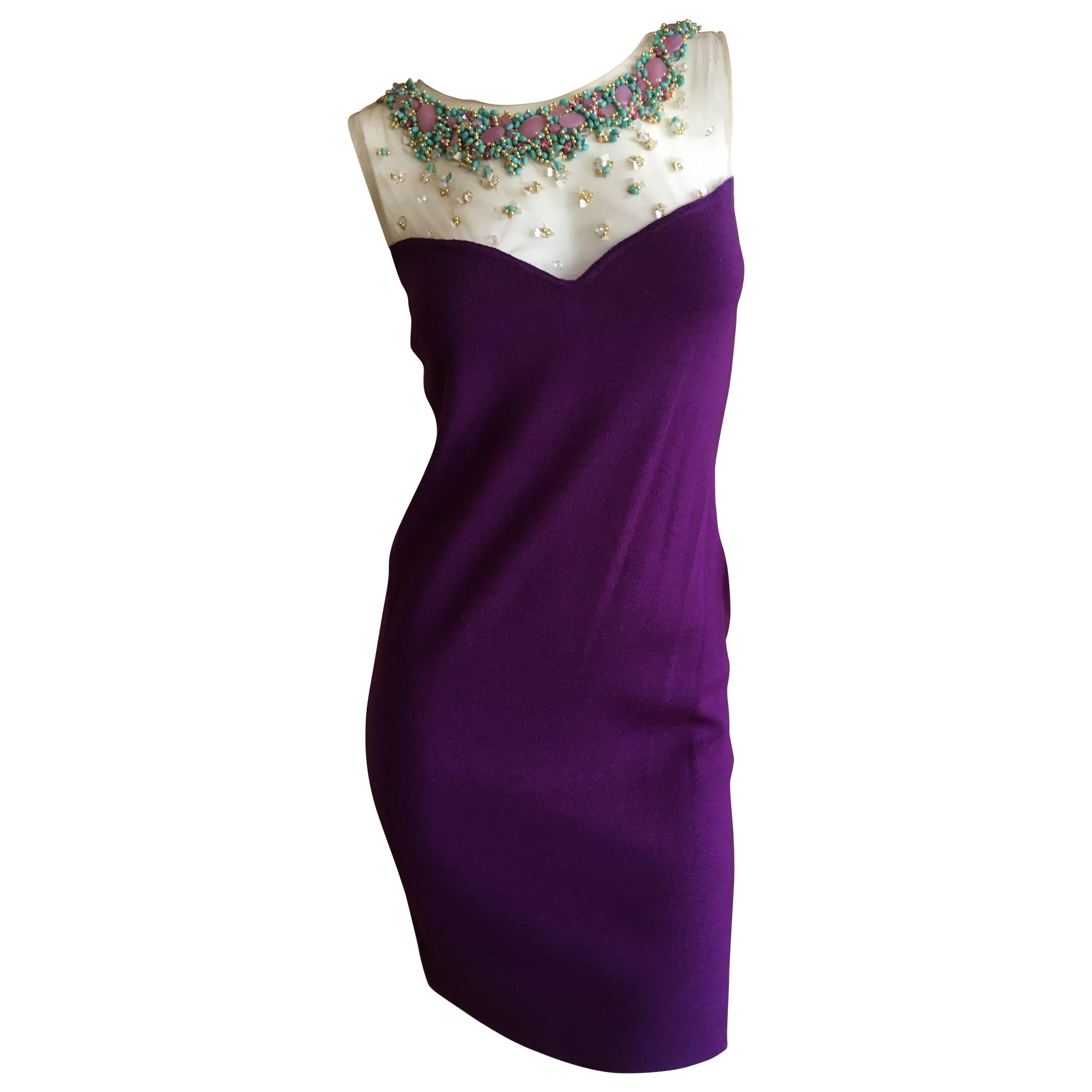 Christian Dior Purple Cashmere Cocktail Dress with Jeweled Collar by Lesage For Sale