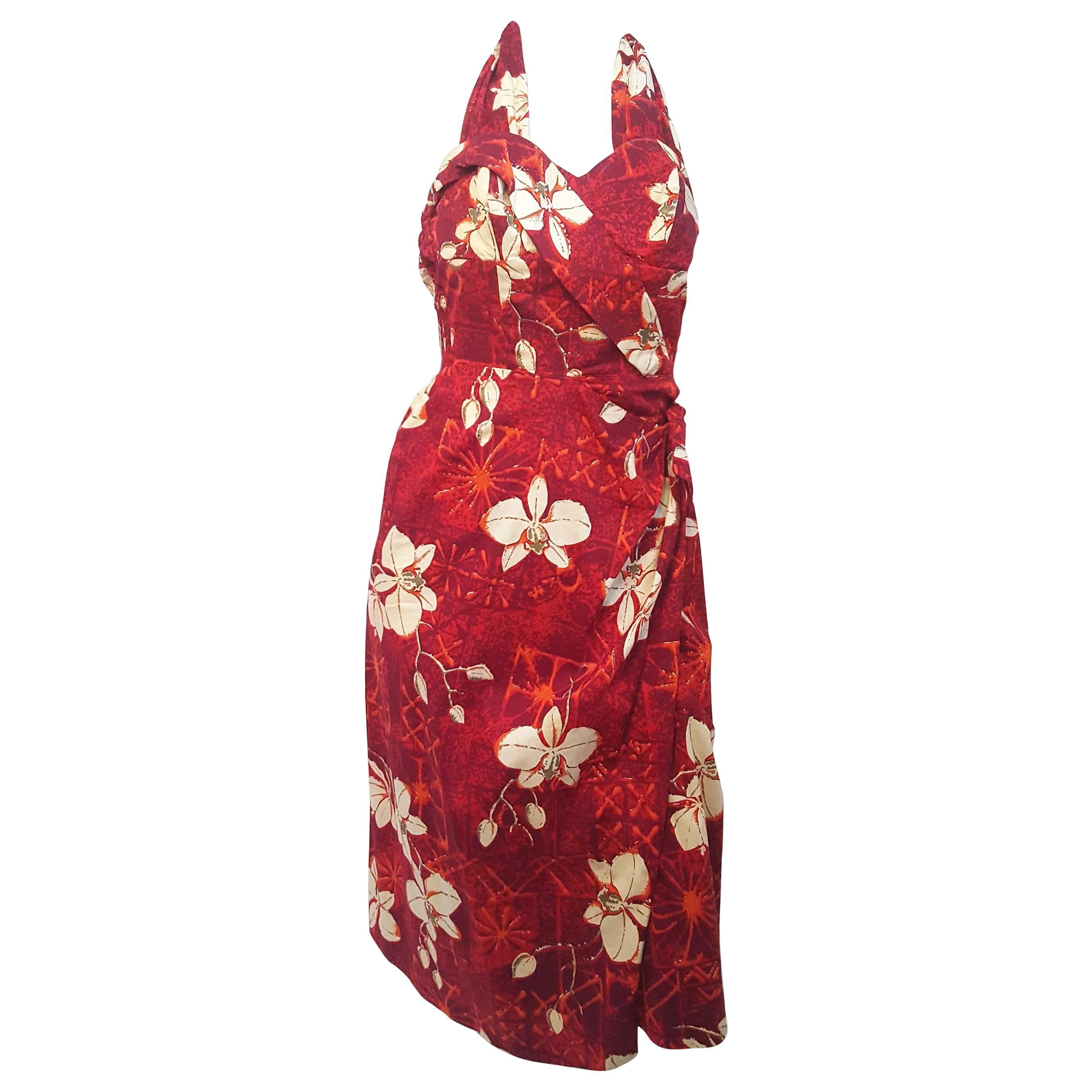 50s Alfred Shaheen Red Printed Cotton Tiki Dress