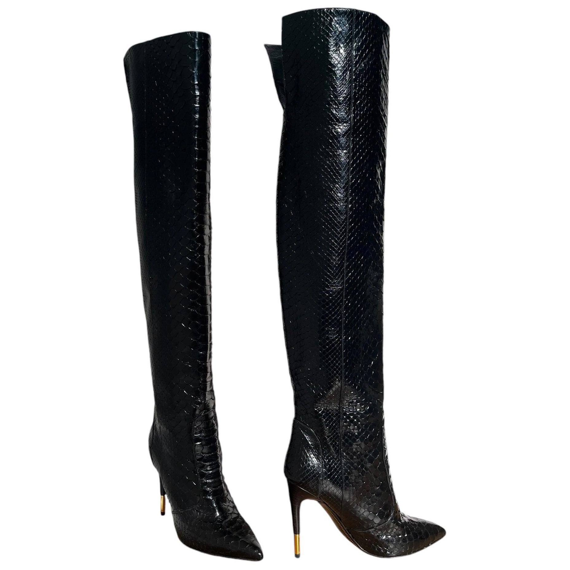 NWT Tom Ford Black Anaconda Over the Knee Boots Size 38 For Sale