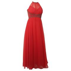 90s Red Chiffon Beaded Evening Gown